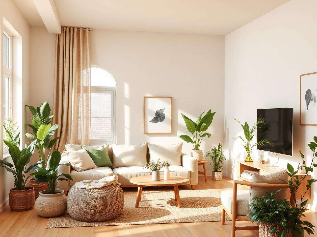 Bright eco-friendly living room with plants and natural wood.